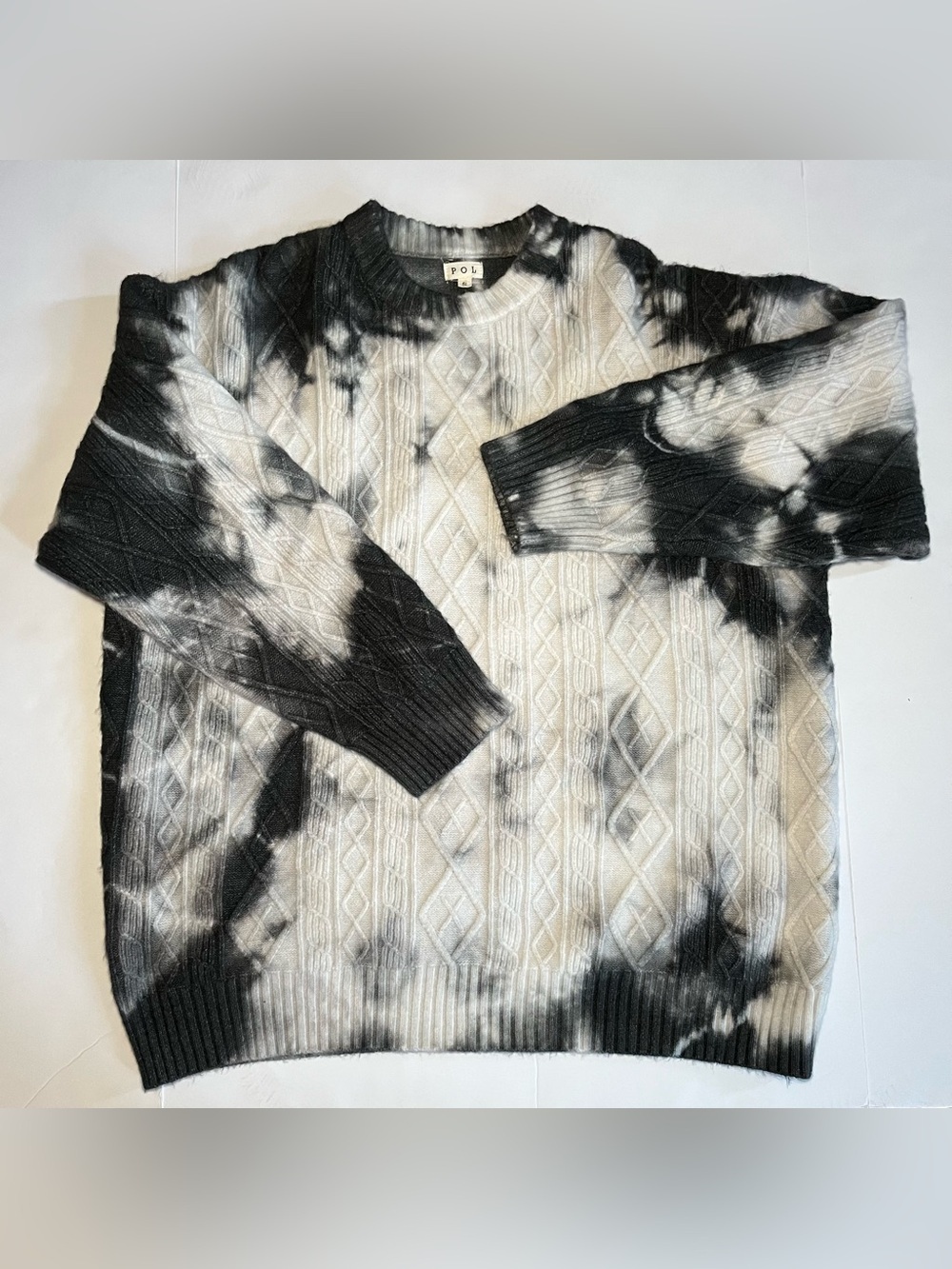 POL Oversized Black White Tie Dye Cable Knit Sweater Boho Grunge Size Small